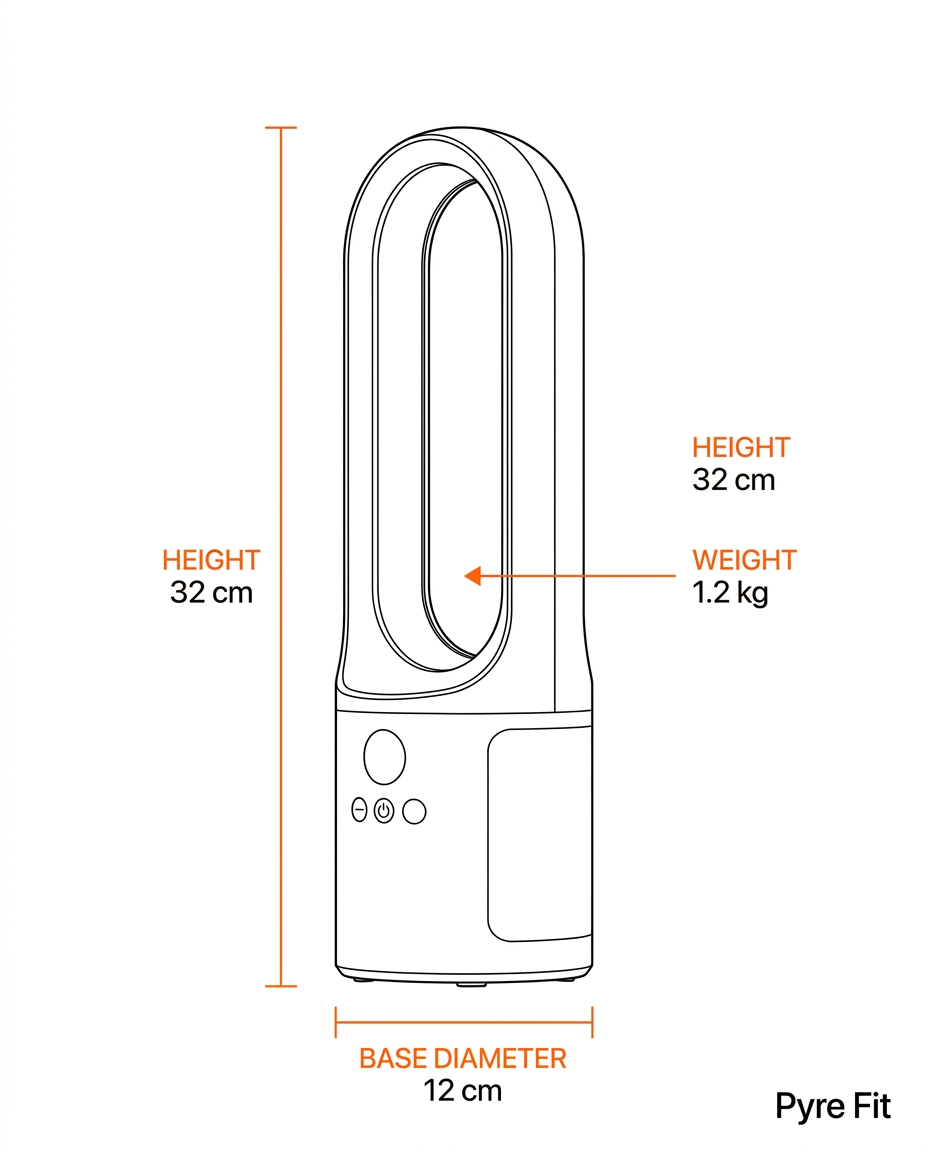 Dimension sketch of the tower fan: 32cm height, 12cm base, 1.2kg weight