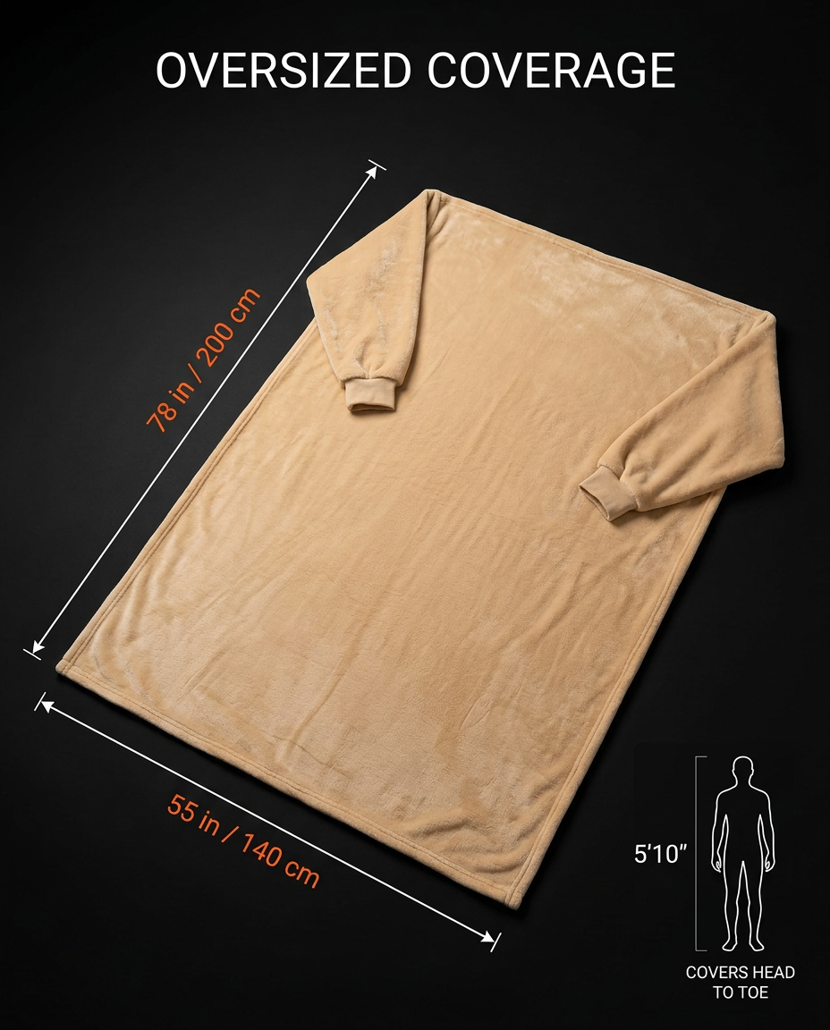 Size infographic showing the wearable blanket's head-to-toe coverage