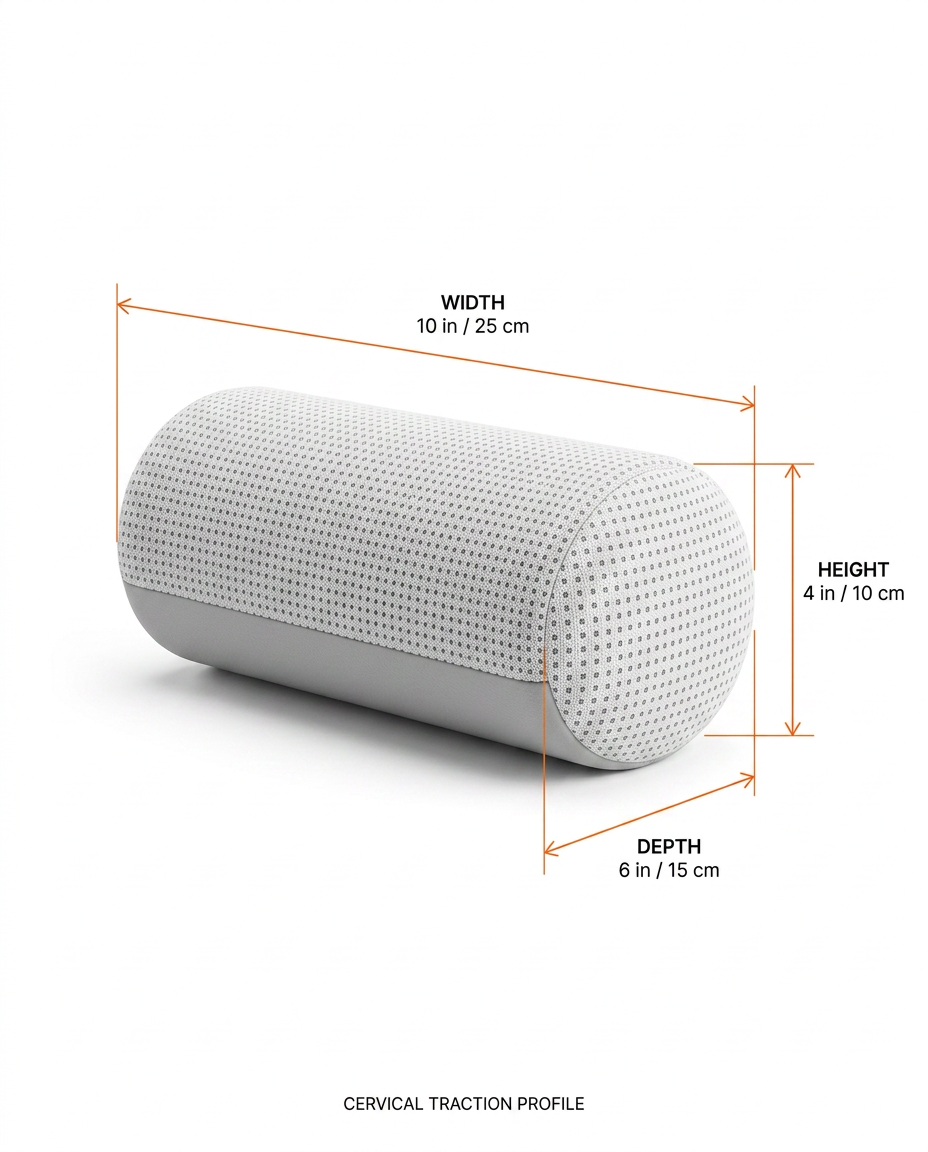 Dimensions infographic for the neck traction roll pillow in inches and centimeters