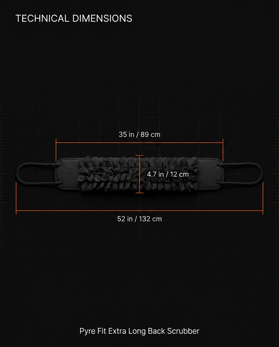 Dimensions infographic showing the back scrubber measured at 52 inches long