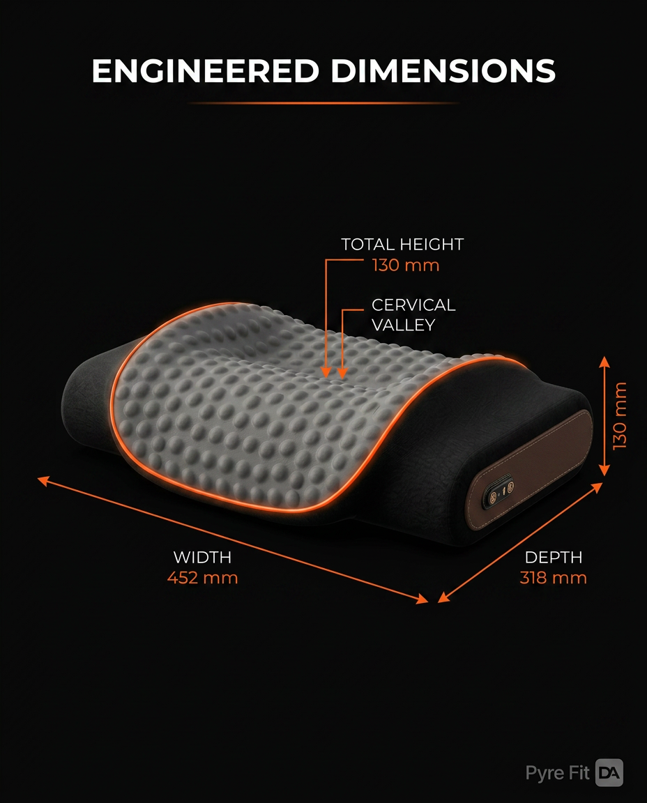 Engineered dimensions infographic showing neck pillow width, depth and height in mm