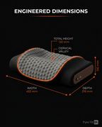 Engineered dimensions infographic showing neck pillow width, depth and height in mm