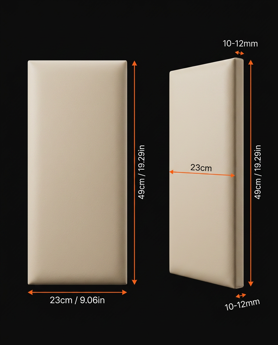 Dimensions infographic of the upholstered wall panel in centimeters and inches