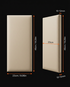 Dimensions infographic of the upholstered wall panel in centimeters and inches