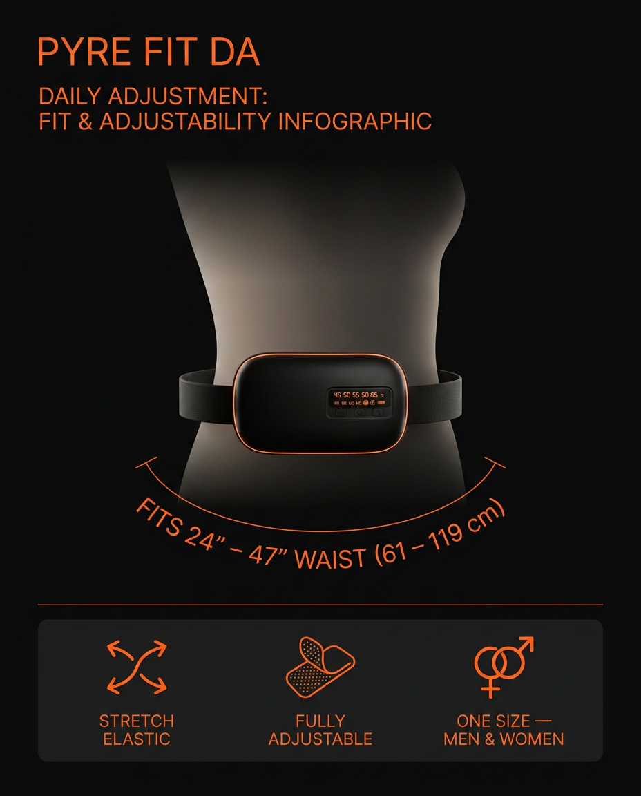 Size infographic: massage belt fits a 24 to 47 inch waist, one size