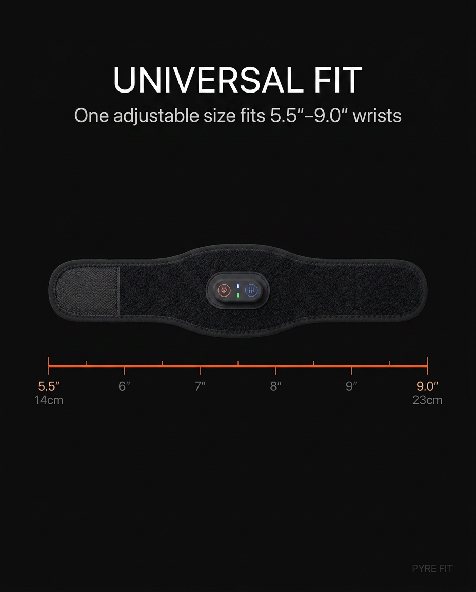 Size guide showing the wrist strap fits 5.5 to 9 inch wrists