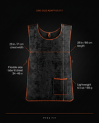Size and fit infographic showing one-size cooling vest chest width and length