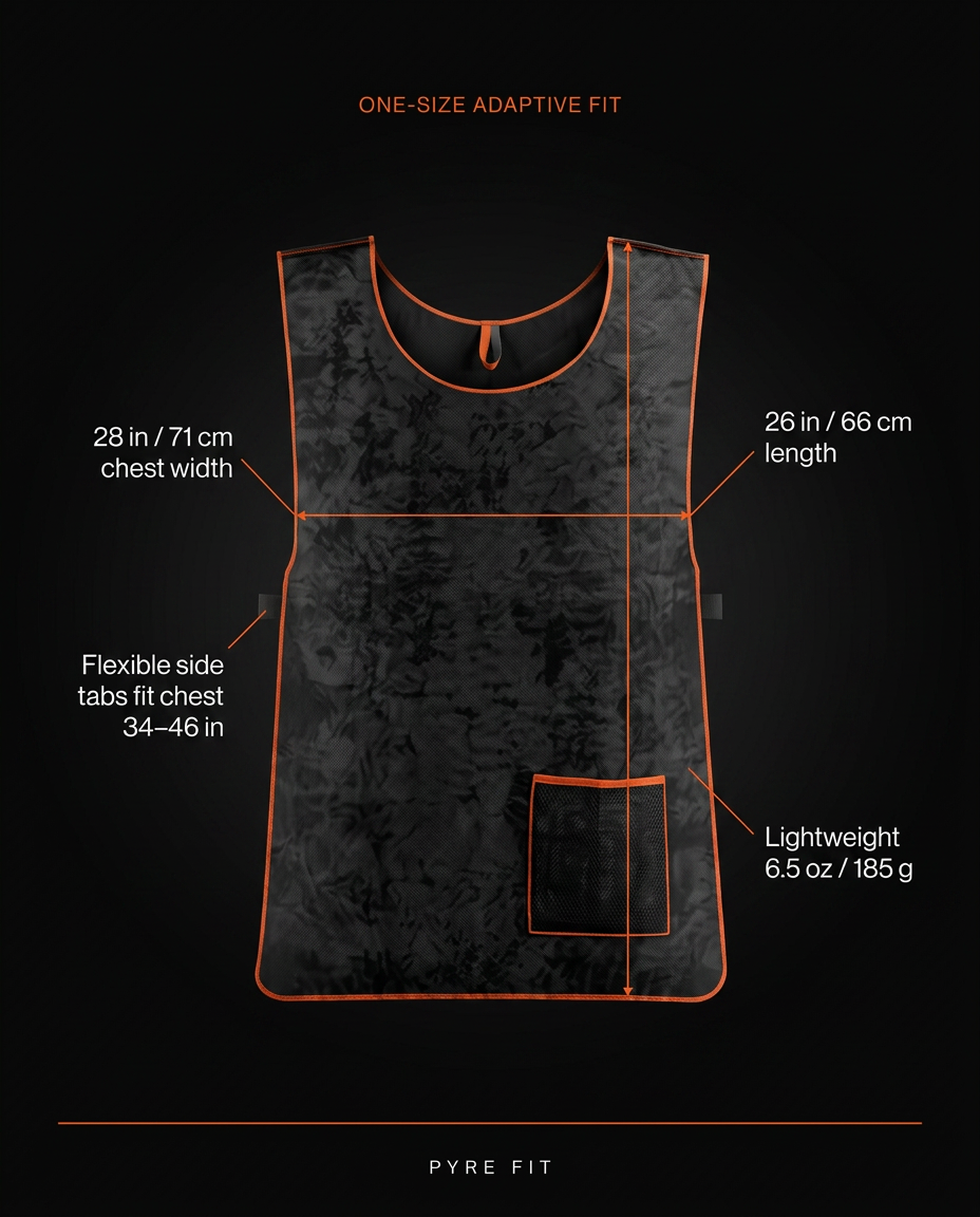 Size and fit infographic showing one-size cooling vest chest width and length