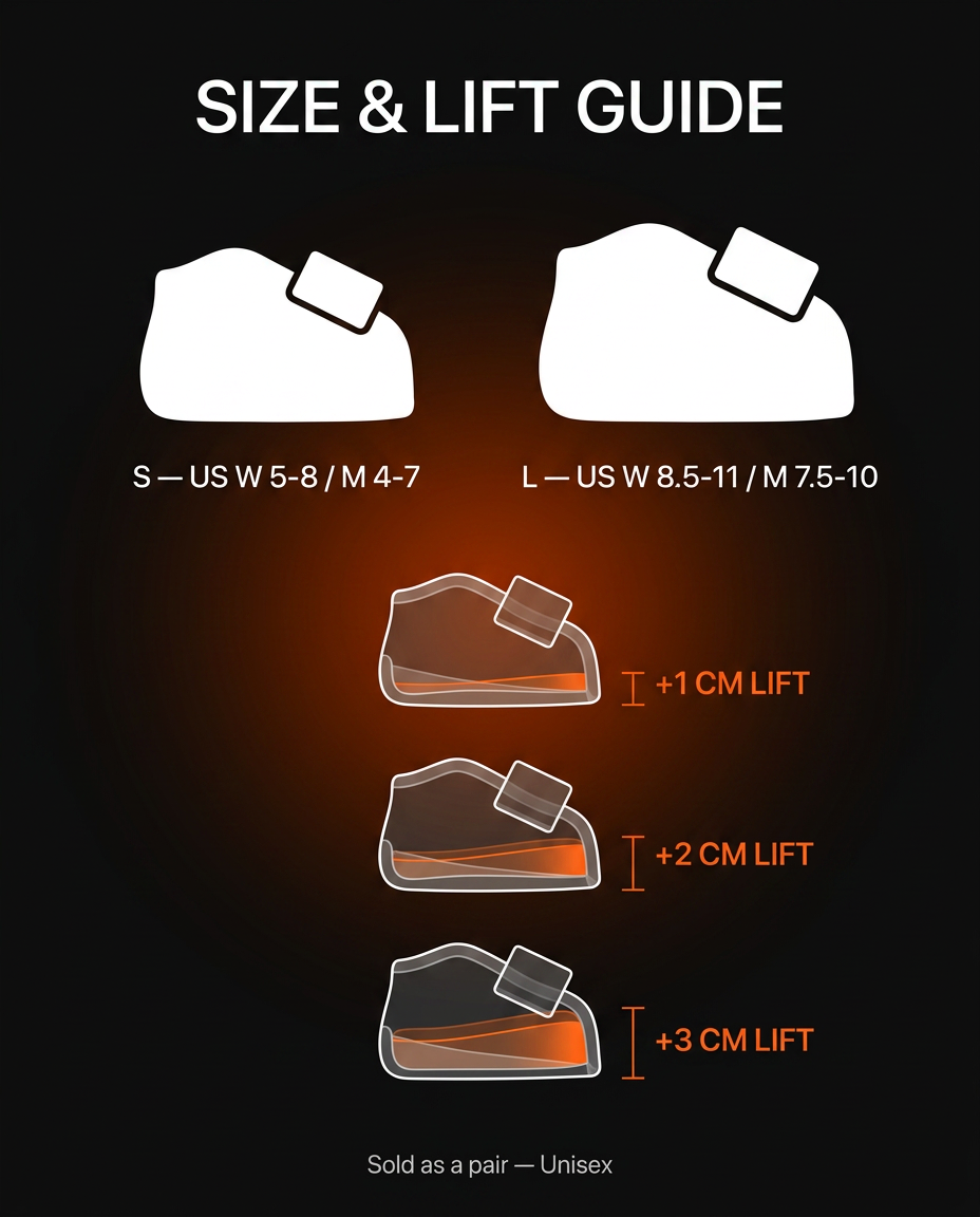 Size and lift guide for the heel cushions with US sizes and 1 to 3 cm lift options