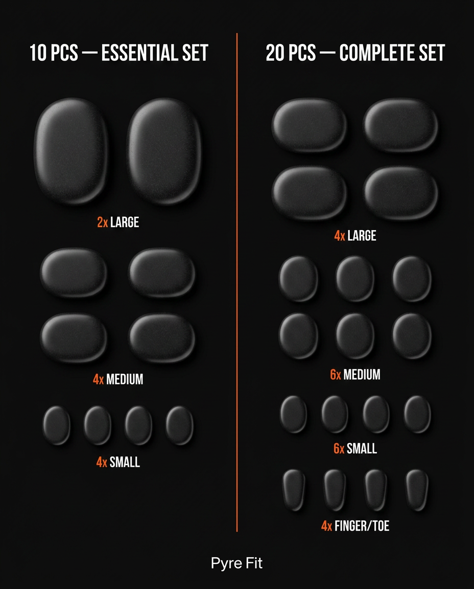 Size guide comparing the 10-piece and 20-piece hot stone massage sets