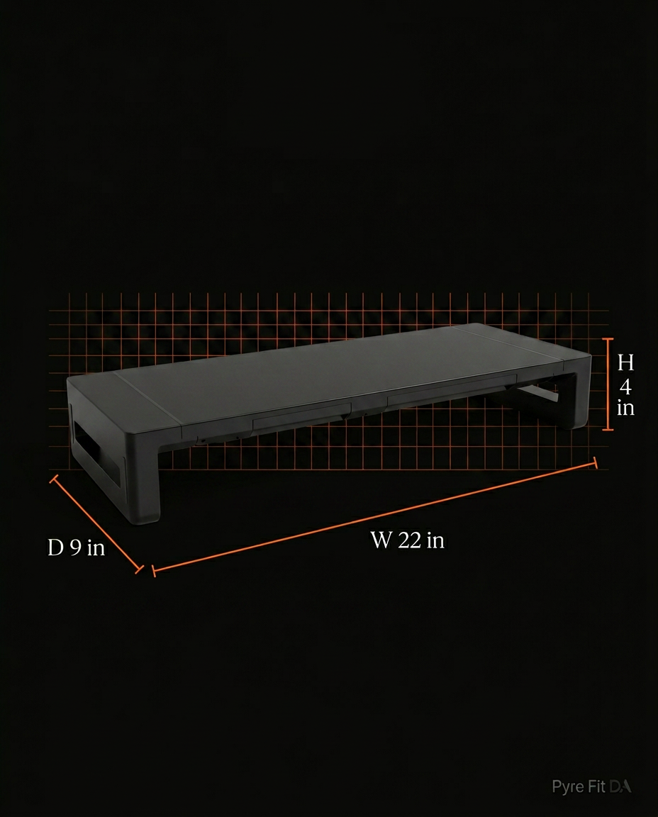 Size guide showing monitor riser dimensions 22 by 9 by 4 inches