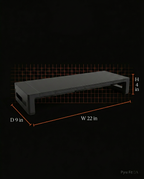 Size guide showing monitor riser dimensions 22 by 9 by 4 inches