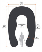 Body pillow size guide with U-shape dimensions in inches and centimeters