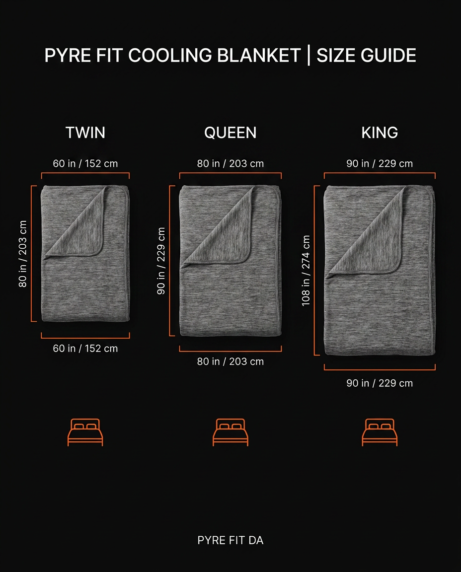 Size chart for the cooling blanket in twin, queen and king dimensions