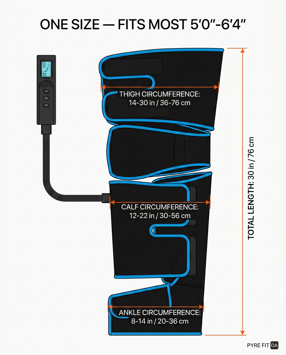 Size guide with thigh, calf and ankle circumference ranges for the leg massager