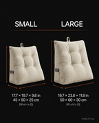 Size guide comparing small and large beige reading backrest cushions