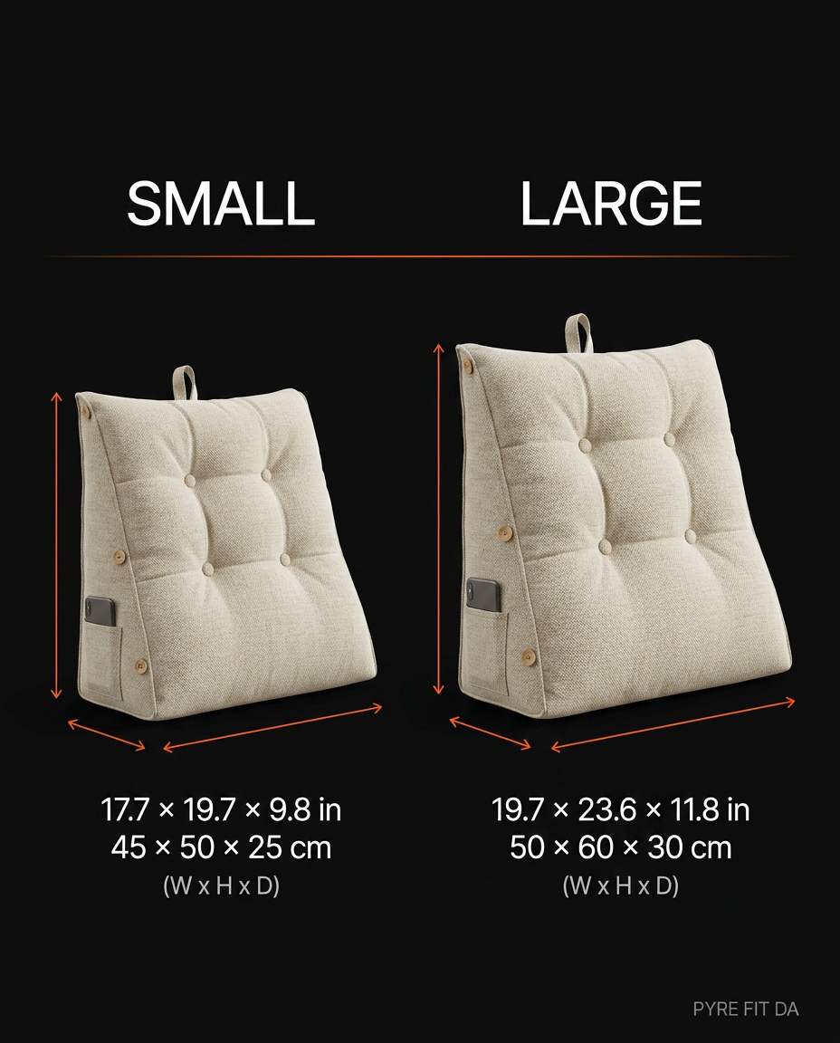 Size guide comparing small and large beige reading backrest cushions