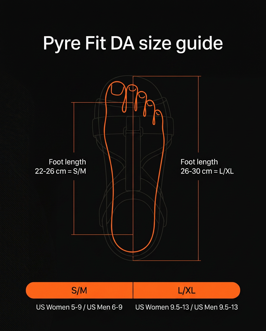 Foot brace size guide with foot length and shoe size conversions