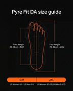 Foot brace size guide with foot length and shoe size conversions