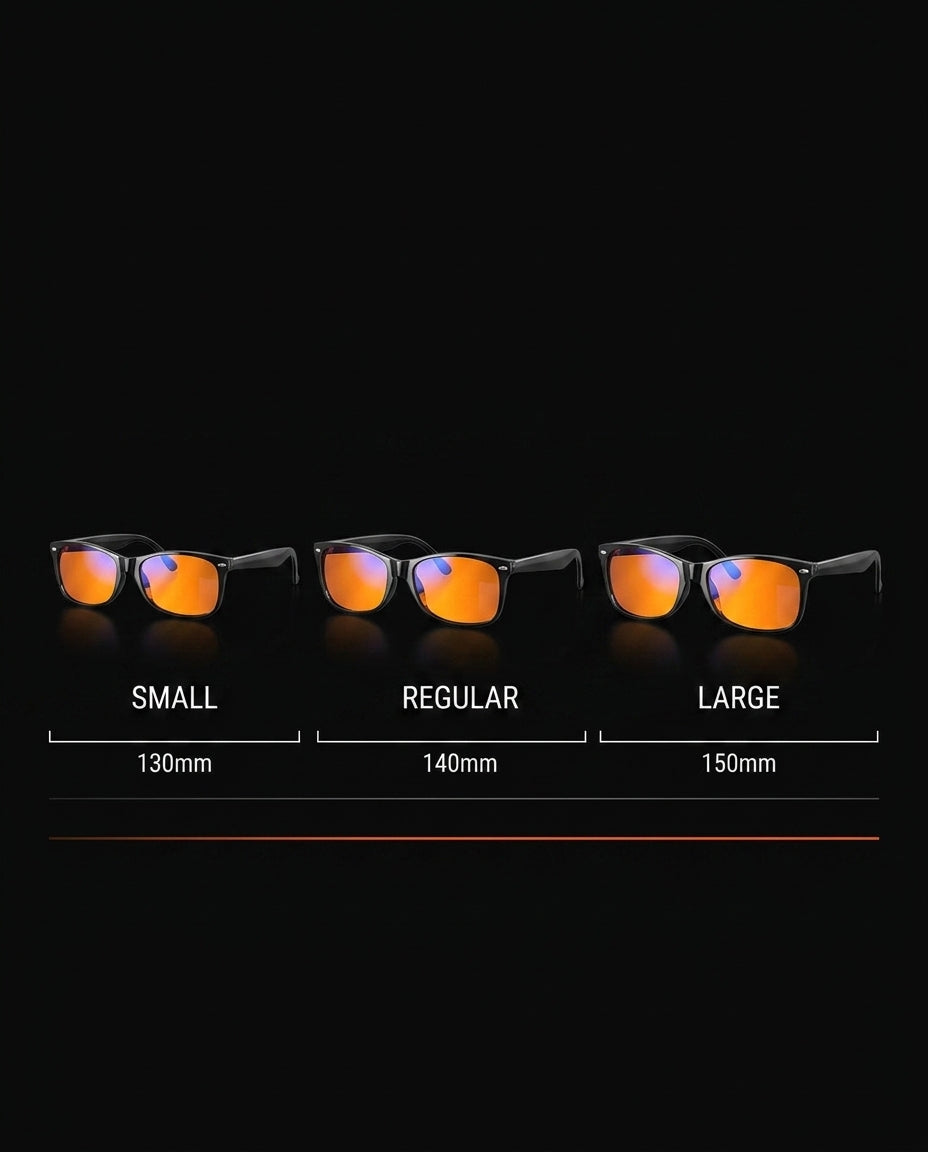 Size guide showing small, regular and large blue light glasses in millimeters