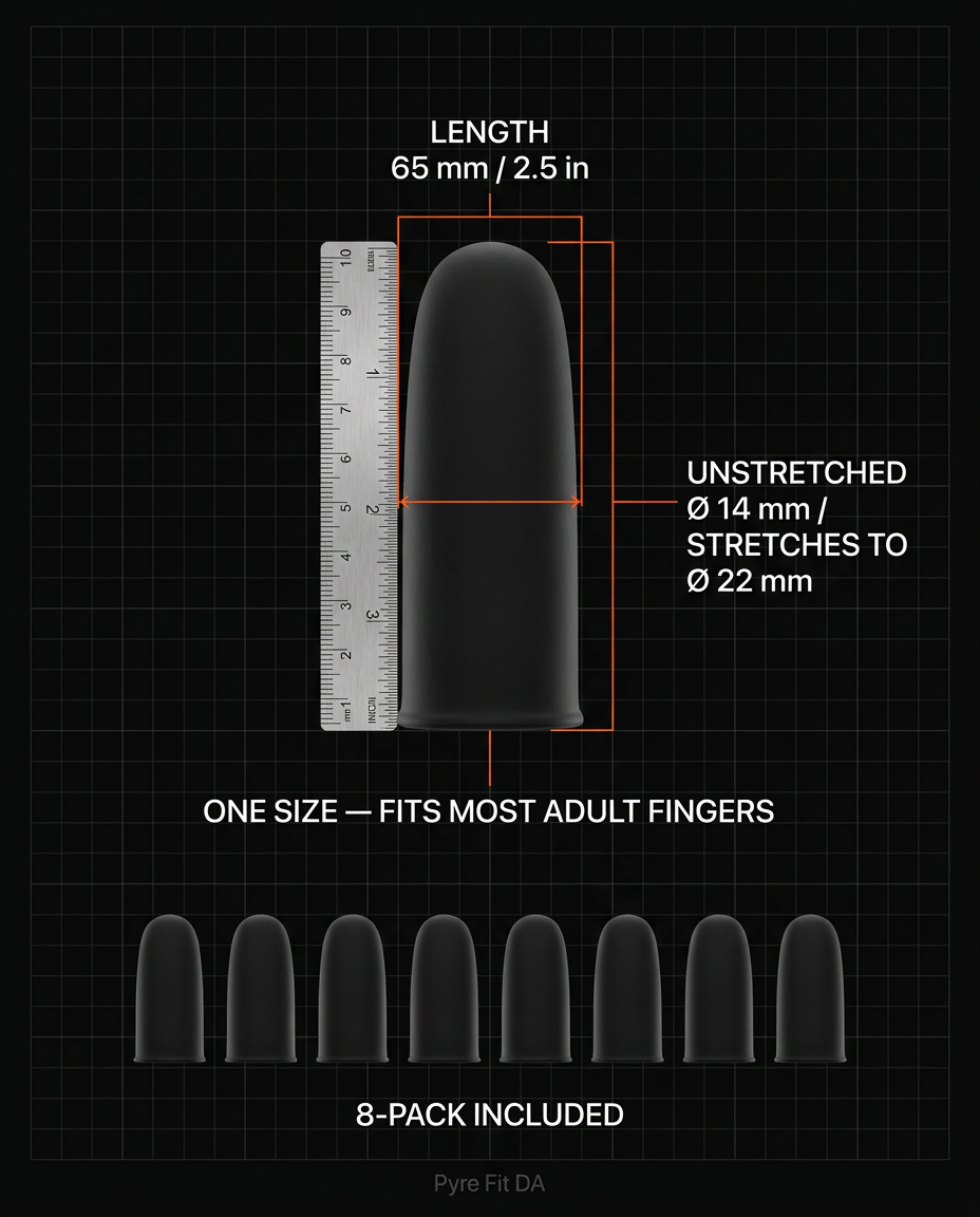 Size guide showing finger sleeve length and stretch diameter, 8-pack