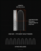 Size guide showing finger sleeve length and stretch diameter, 8-pack