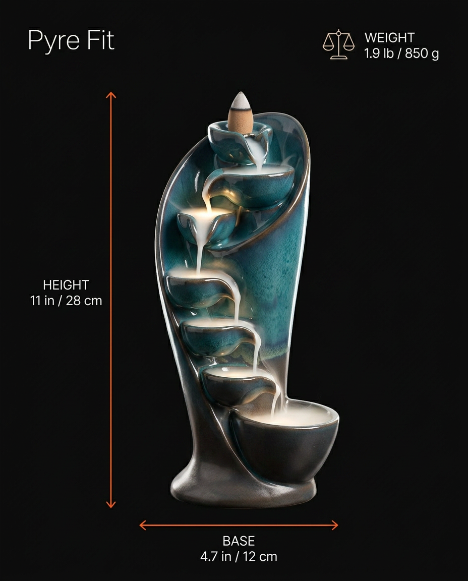 Size guide showing the incense burner at 11 inches tall and 850 g weight