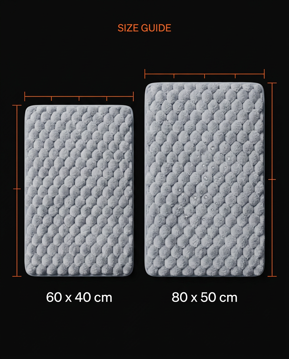 Bath mat size guide showing 60x40 cm and 80x50 cm dimensions