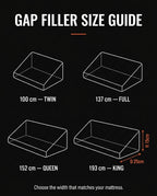 Gap filler size guide with twin, full, queen and king wedge widths