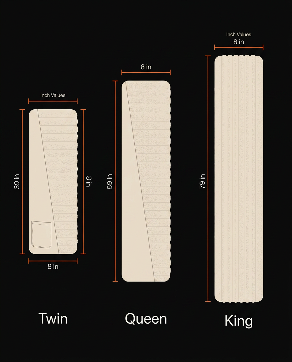 Size guide infographic comparing Twin, Queen and King reading wedge pillow widths