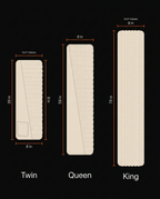 Size guide infographic comparing Twin, Queen and King reading wedge pillow widths