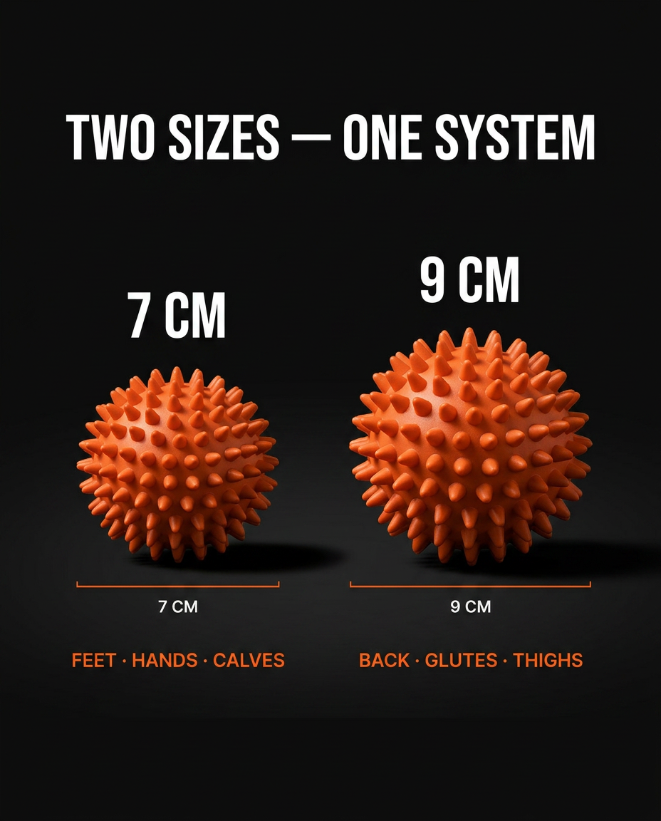 Size guide comparing 7 cm and 9 cm spiky massage balls with target areas