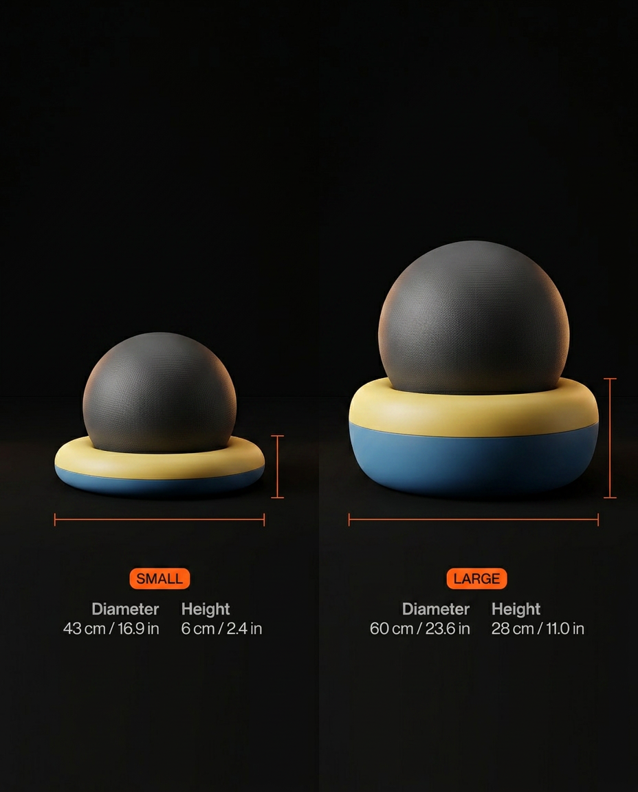 Size guide comparing Small and Large stability rings with diameter and height