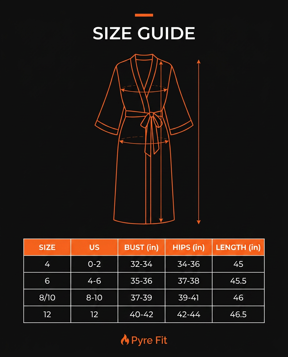 Size guide for the satin robe with bust, hips and length in inches