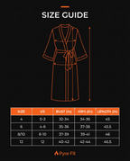 Size guide for the satin robe with bust, hips and length in inches