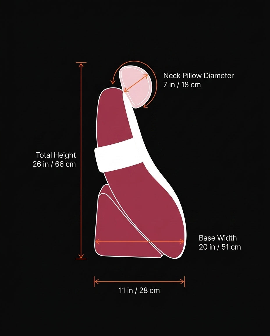 Size guide infographic with bed backrest dimensions in inches and centimeters