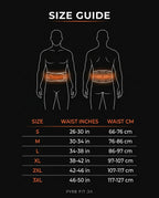 Size guide chart with waist measurements in inches and centimeters for the belt