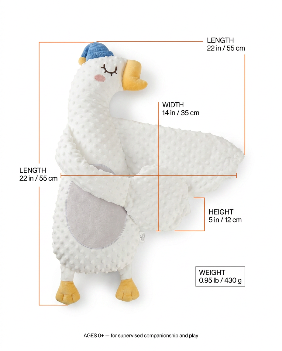 Size guide with dimensions for the goose-shaped baby comfort pillow