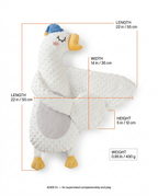 Size guide with dimensions for the goose-shaped baby comfort pillow