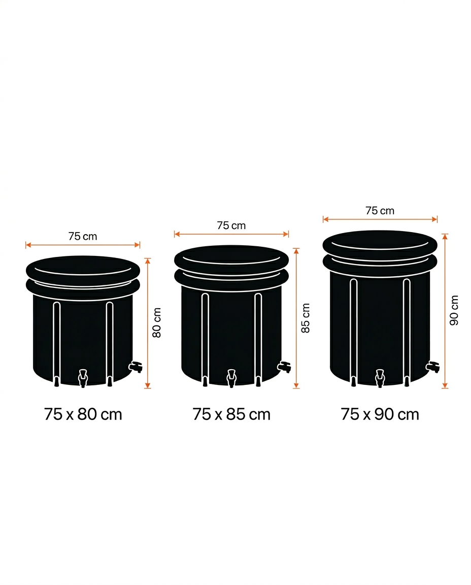 Size guide comparing the three ice bath tub heights in centimeters