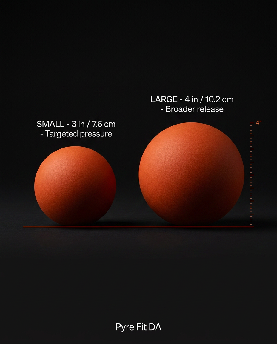 Size guide comparing small 3-inch and large 4-inch mobility balls