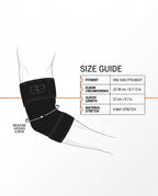 Size guide showing elbow circumference and sleeve length for the heated sleeve
