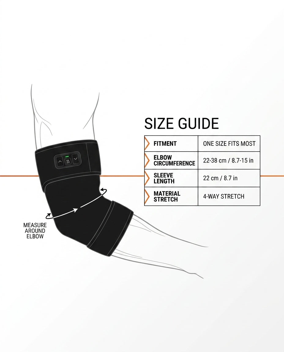 Size guide showing elbow circumference and sleeve length for the heated sleeve