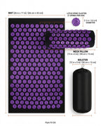 Size guide with mat, pillow and bolster dimensions in inches and centimeters