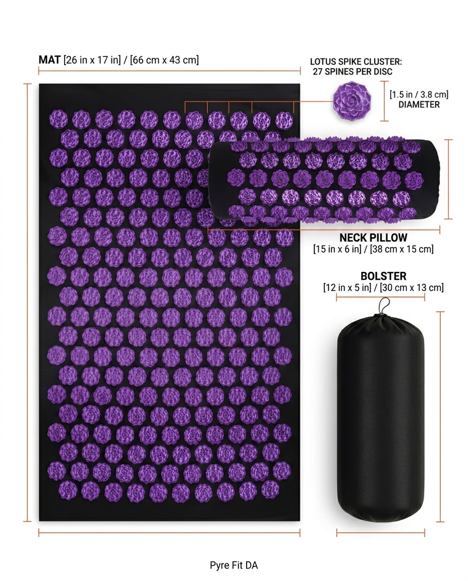 Size guide with mat, pillow and bolster dimensions in inches and centimeters