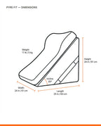 Dimensions diagram of the wedge lounger: 24in wide, 24in tall, 25in long, 35 degree incline