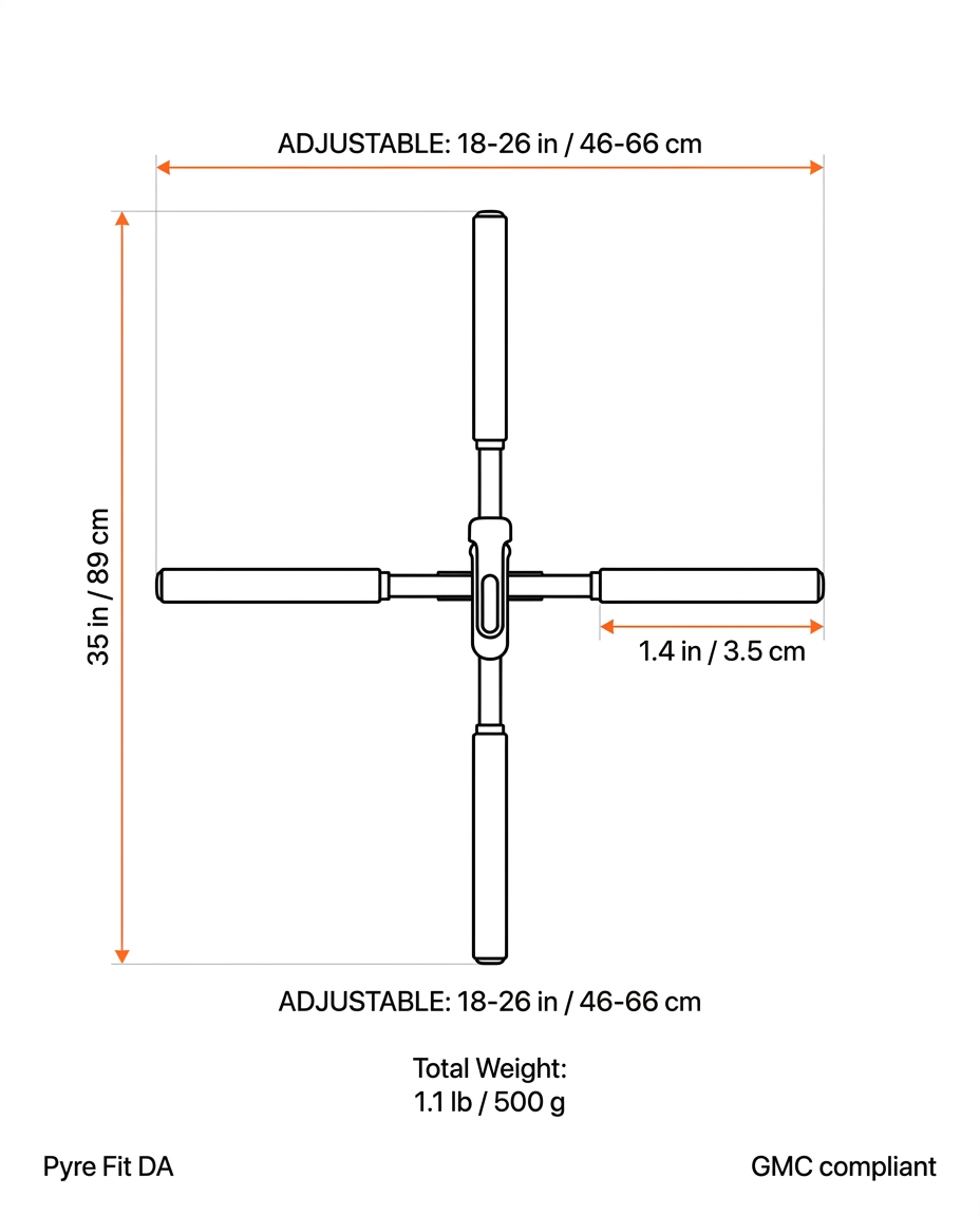 Size guide showing the posture stick dimensions in inches and centimeters
