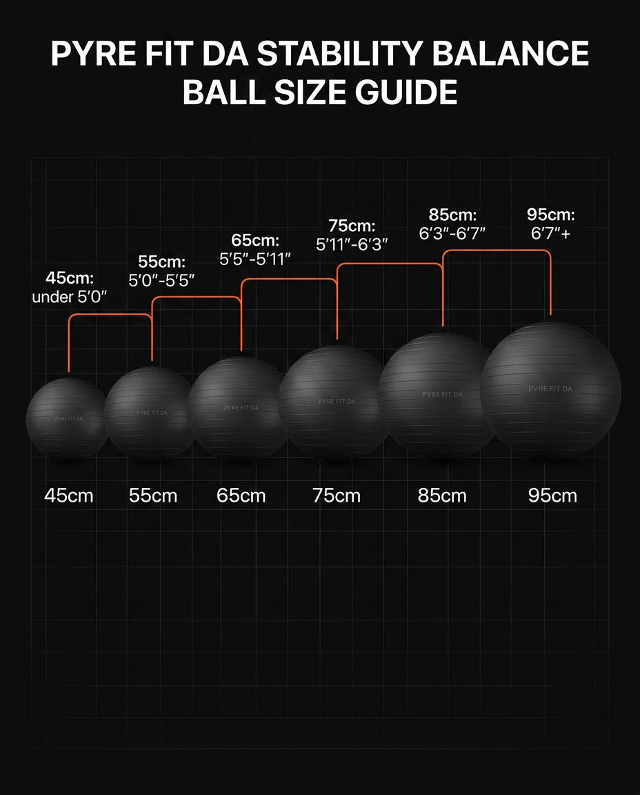 Size guide chart matching balance ball diameters to user heights
