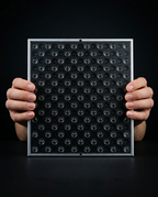 Two hands holding the compact red light panel to show its tabletop size