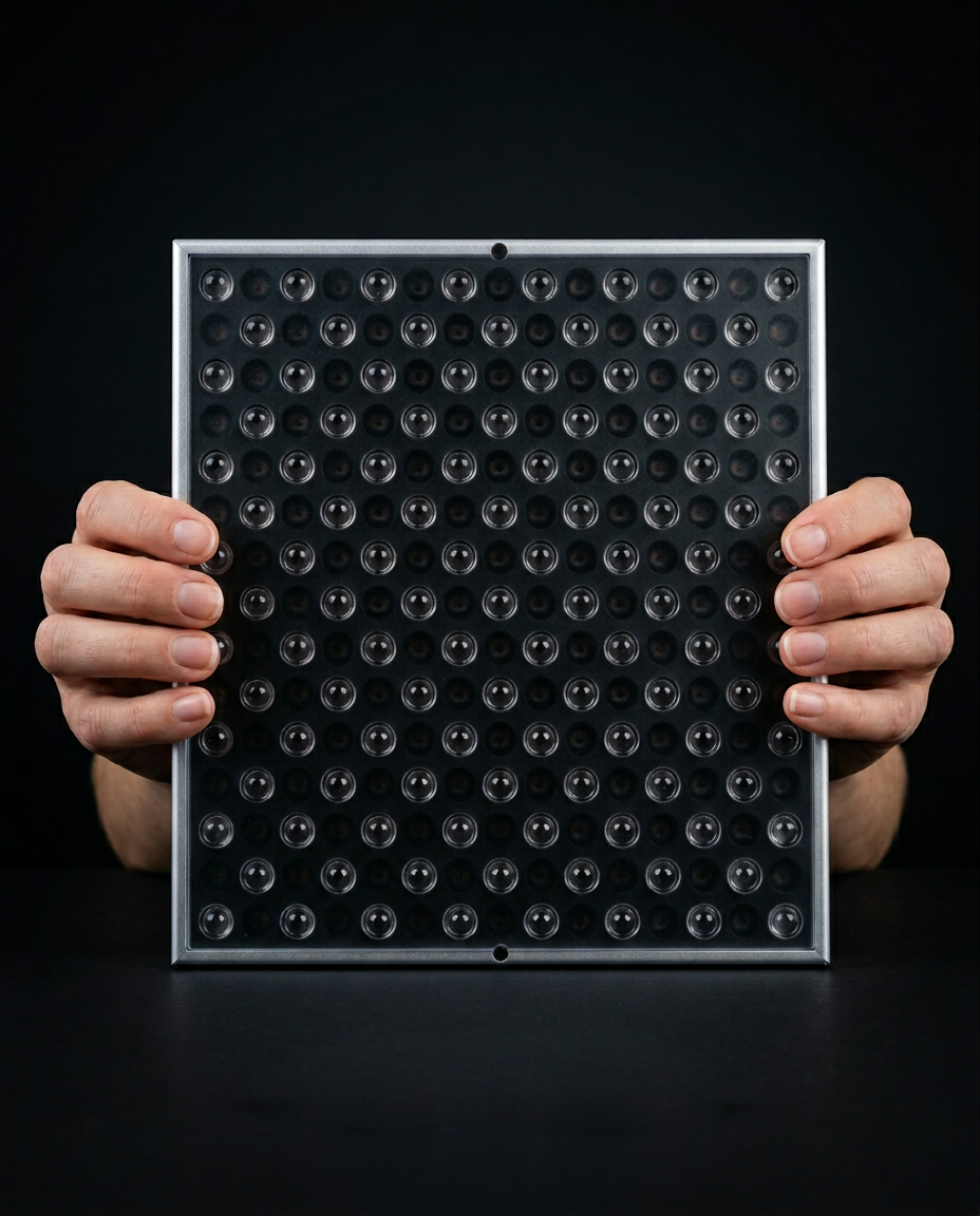 Two hands holding the compact red light panel to show its tabletop size